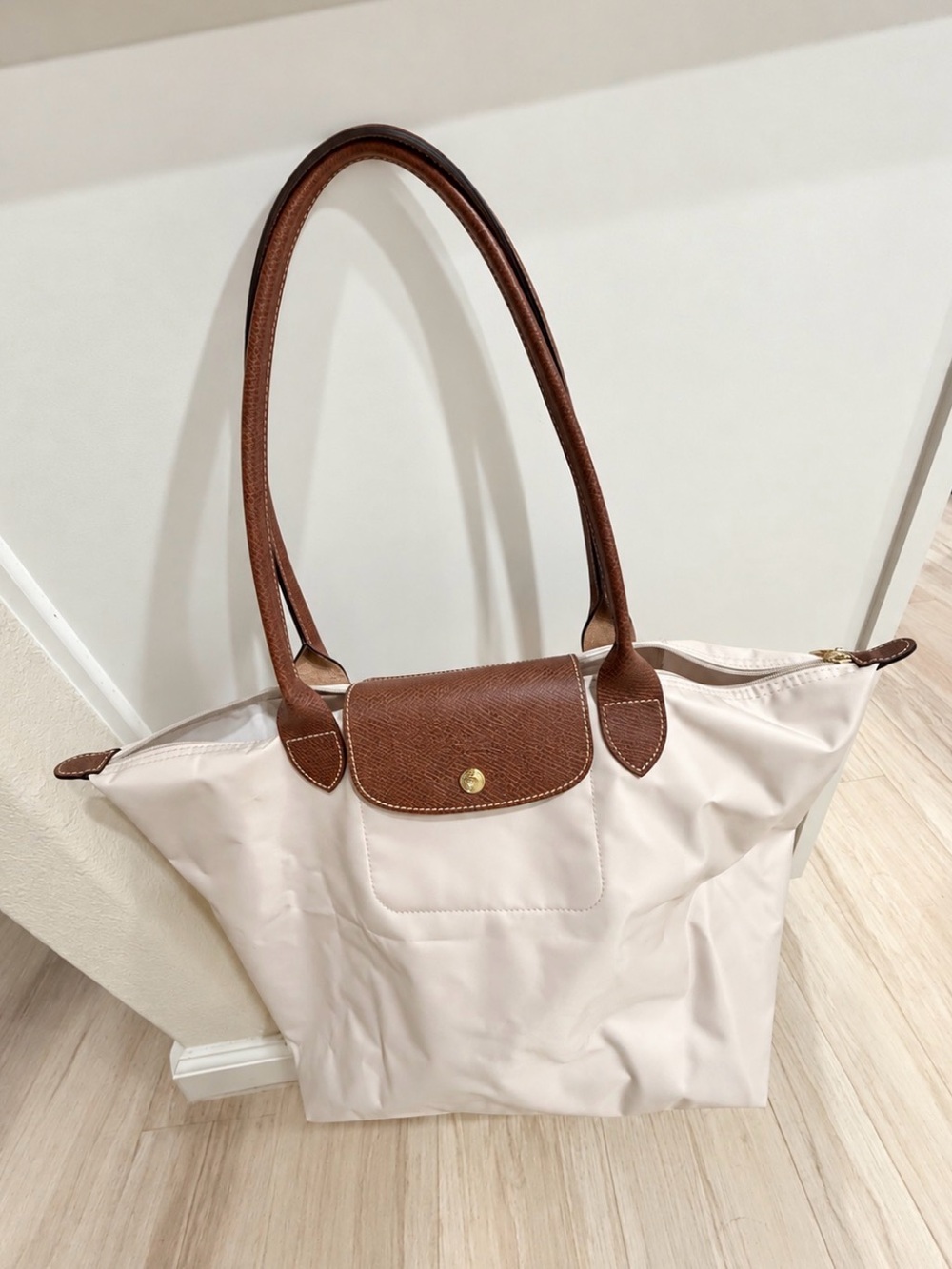 Long Champ Classic Beige Tote with Brown Leather Trim